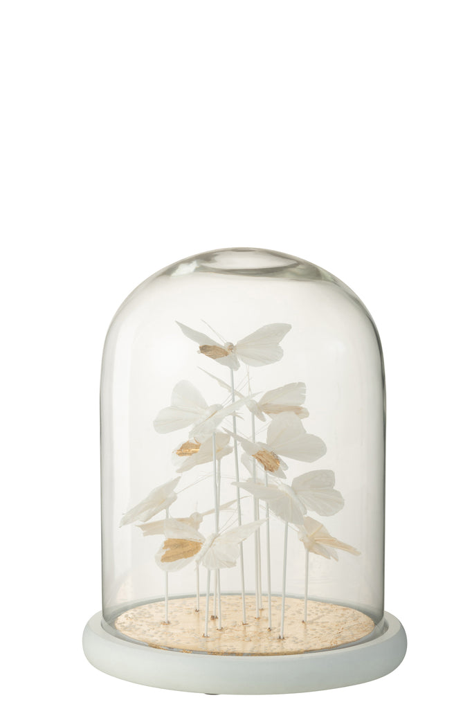 Bell Jar Butterflies +Dots Glass White/Gold Large