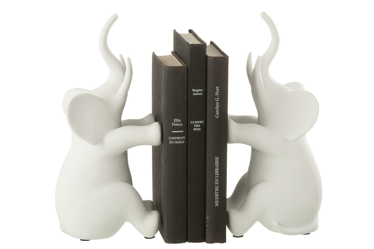 Set Of 2 Bookend Elephant Sitting Polyresin White