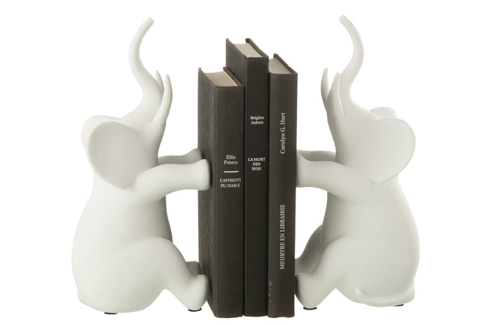Set Of 2 Bookend Elephant Sitting Polyresin White