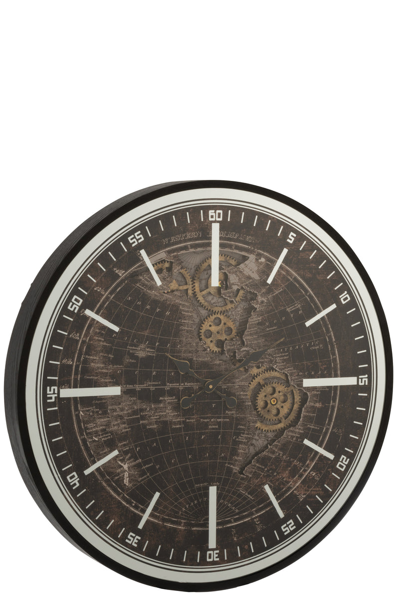 Clock World Map Mdf Antique Gold/Black Large