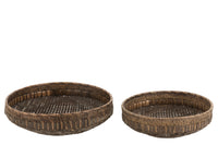 Set Of 2 Dishes Round Rattan Black