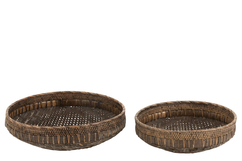Set Of 2 Dishes Round Rattan Black