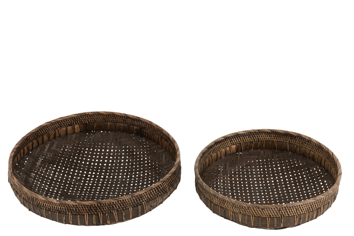 Set Of 2 Dishes Round Rattan Black