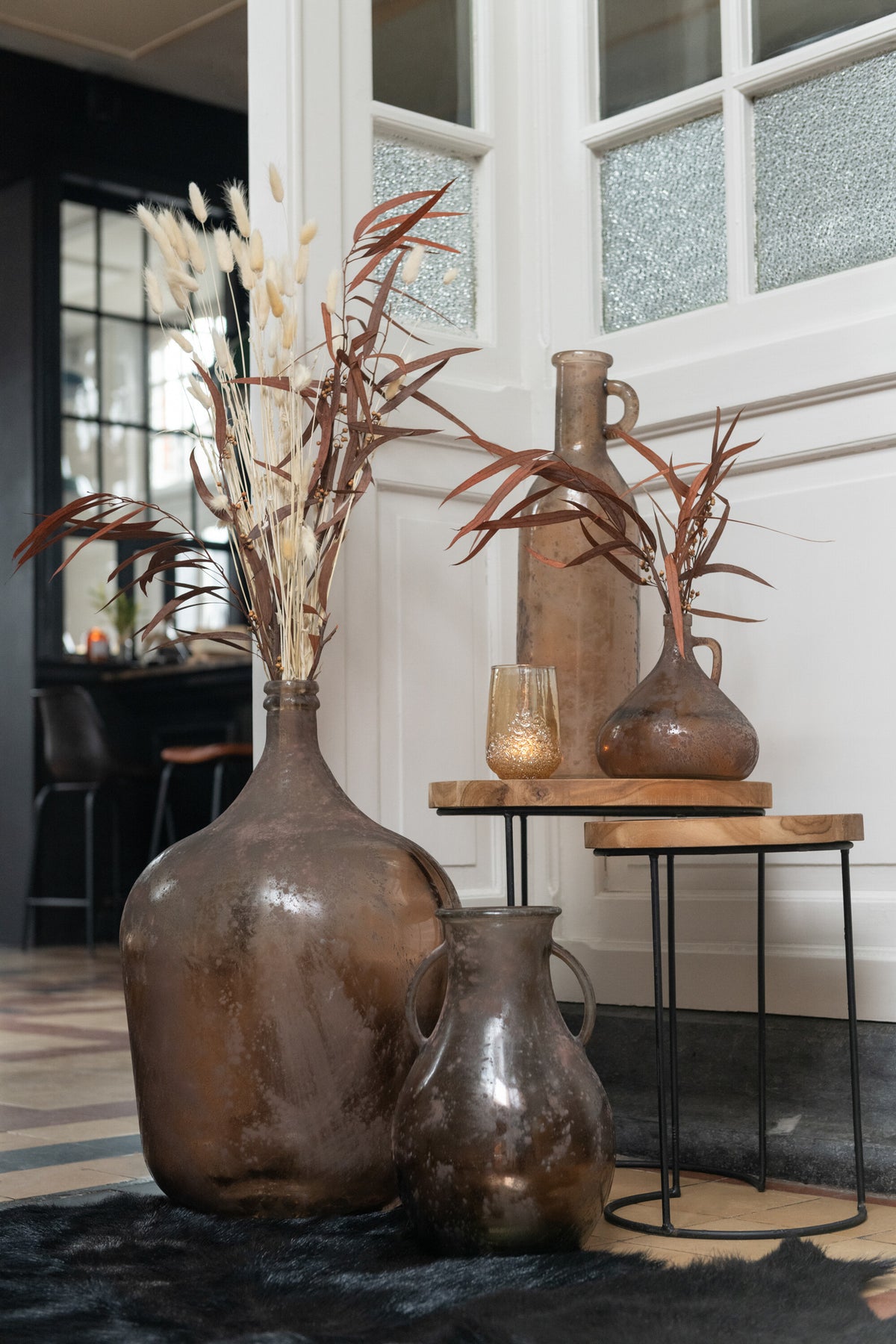 Vase Bottle With 2Handle Glass Antique Pink