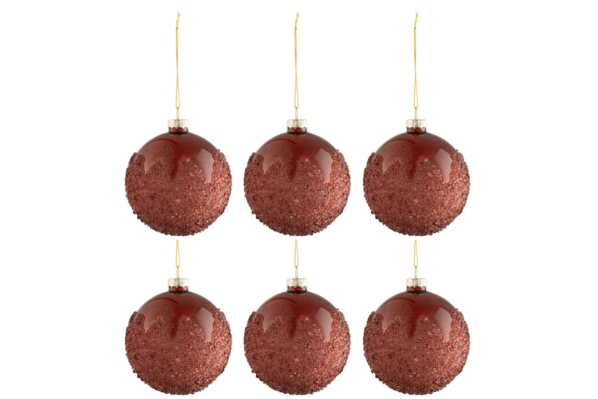 Box Of 6 Christmas Baubles Sugar Glass Matte Burgundy Small