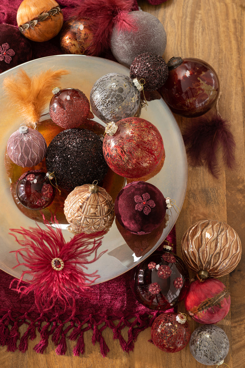 Box Of 4 Christmas Baubles Velvet Glass Antique Burgundy/Gold Large