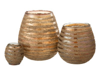 Tealight Holder Stripe Round Glass Brown Large