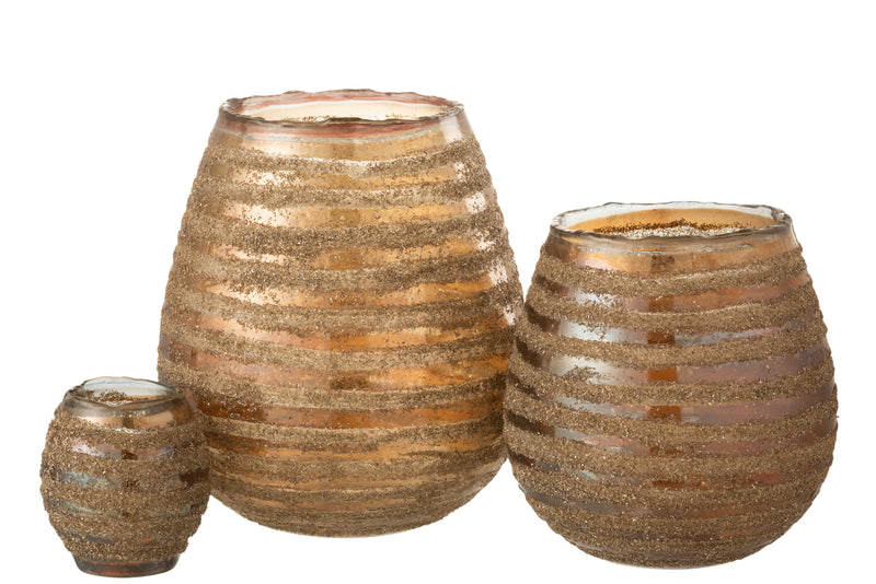 Tealight Holder Stripe Round Glass Brown Large