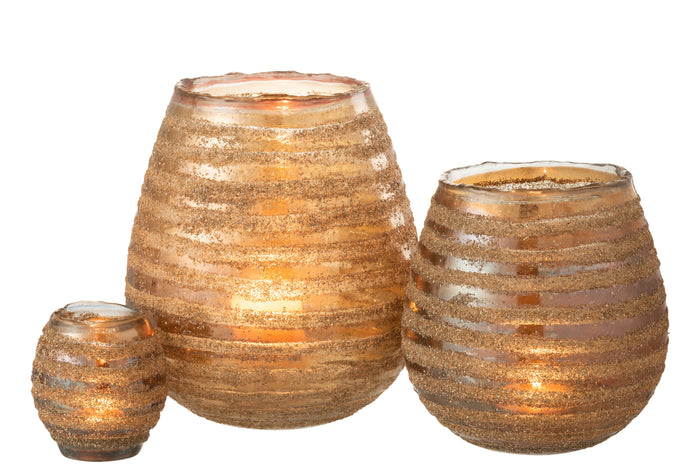 Tealight Holder Stripe Round Glass Brown Large