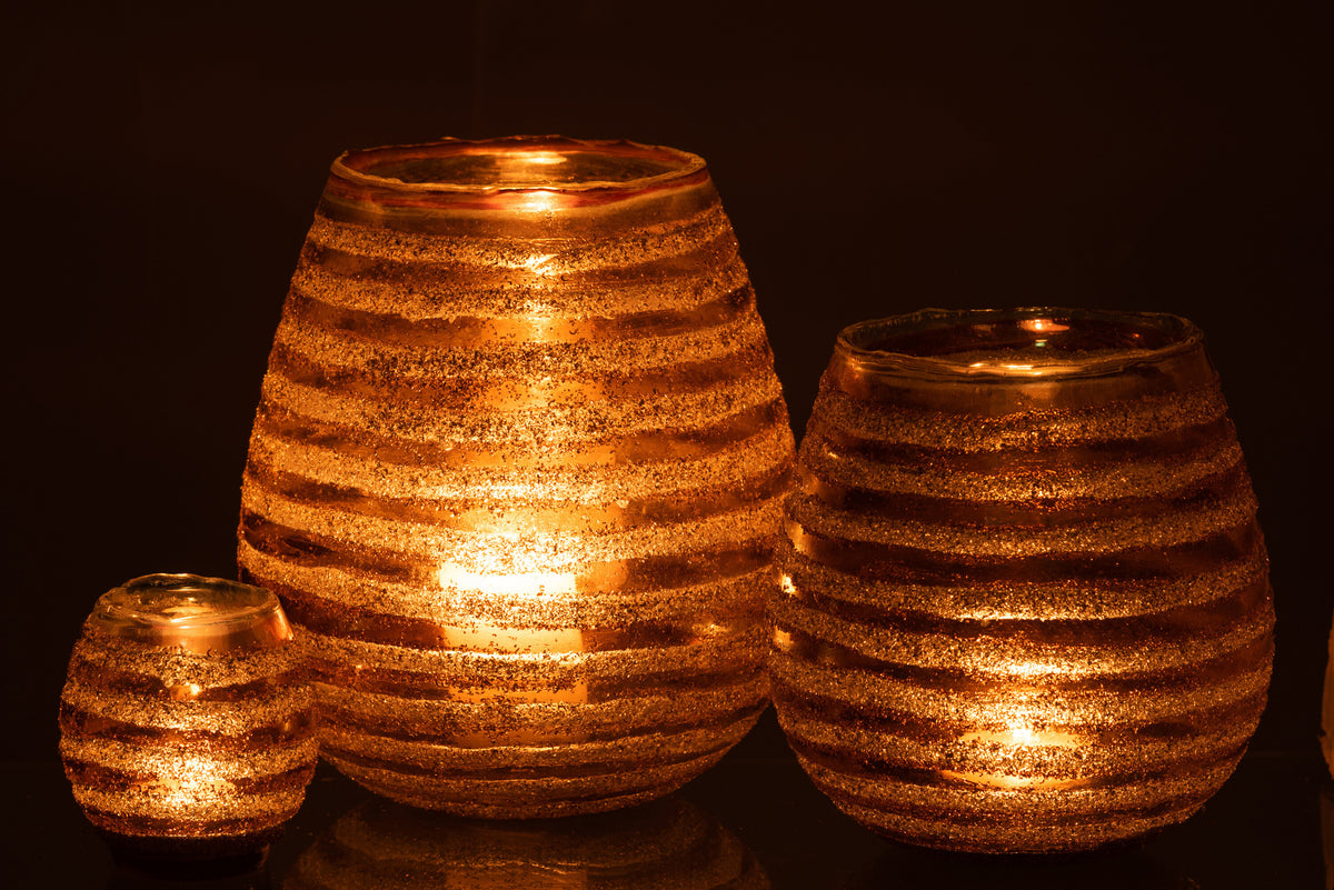 Tealight Holder Stripe Round Glass Brown Large