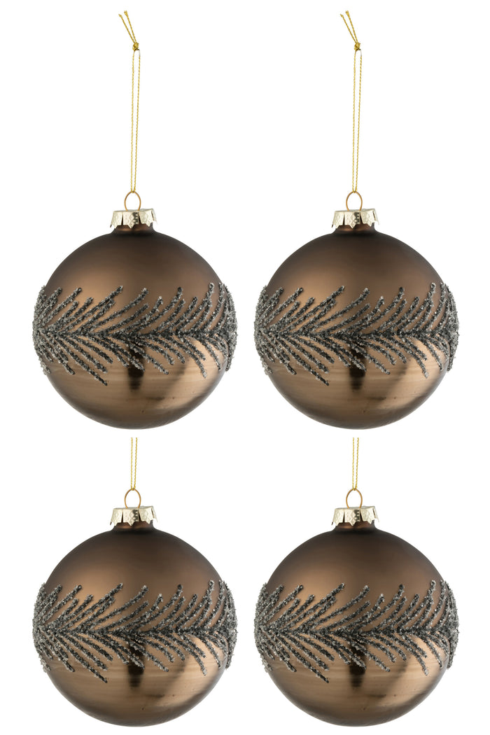 Box Of 4 Christmas Baubles Sugar Grey Glass Matte Brown Medium