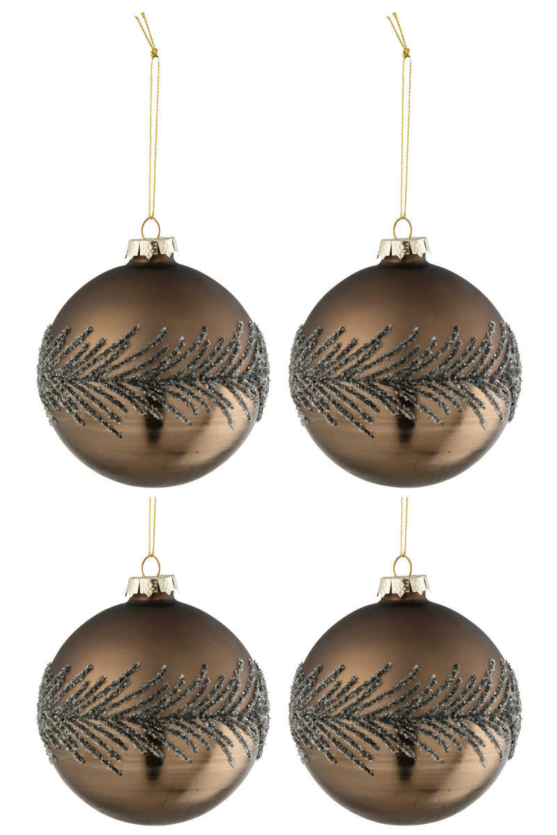 Box Of 4 Christmas Baubles Sugar Grey Glass Matte Brown Medium
