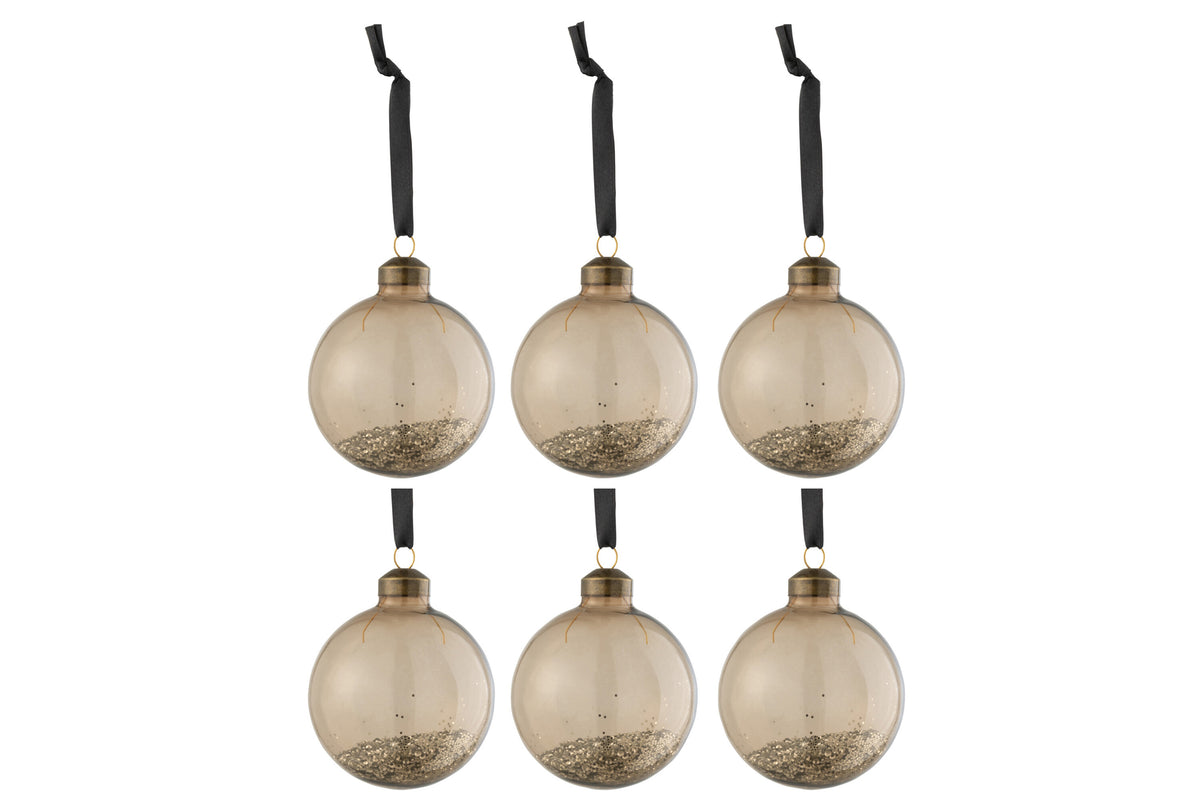 Box Of 6 Christmas Baubles Glitter Inside Glass Brown