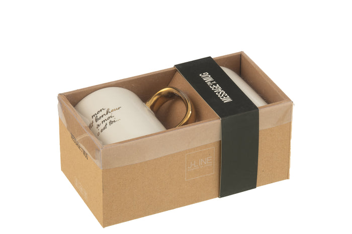 Mug Message Bonheur Porcelain White / Gold Assortment Of 2