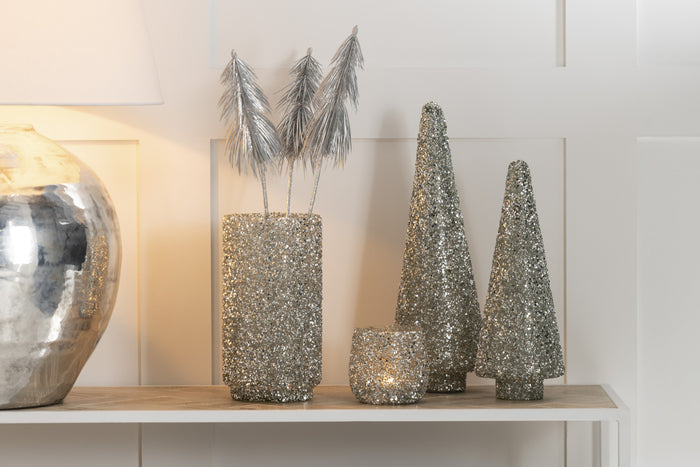 Xmas Tree Glitter Glass Silver Small