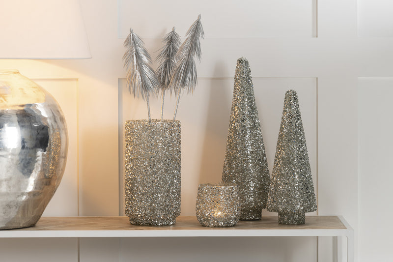 Xmas Tree Glitter Glass Silver Small