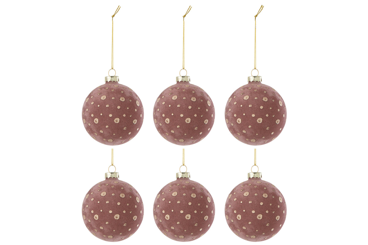 Box Of 6 Christmas Bauble Dots Velvet Light Pink/Gold