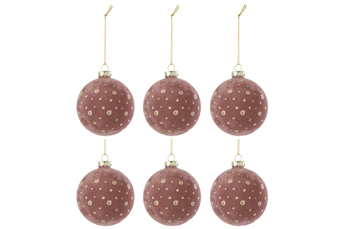Box Of 6 Christmas Bauble Dots Velvet Light Pink/Gold