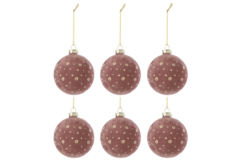 Box Of 6 Christmas Bauble Dots Velvet Light Pink/Gold