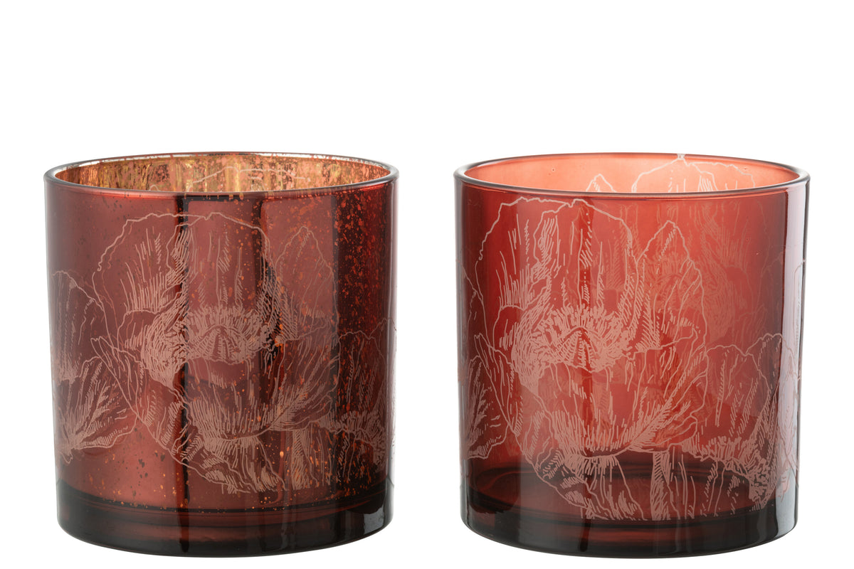 Hurricane Flowers Glass Bordeaux/Antique Bordeaux Large Assortment Of 2