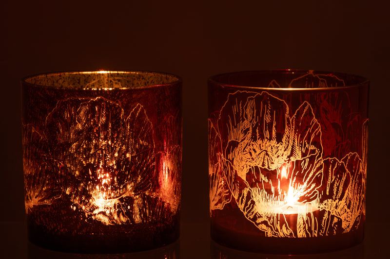 Hurricane Flowers Glass Bordeaux/Antique Bordeaux Large Assortment Of 2