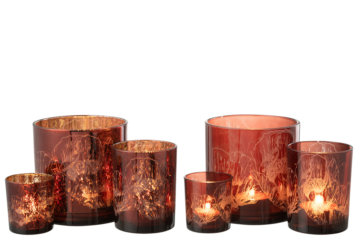 Hurricane Flowers Glass Bordeaux/Antique Bordeaux Large Assortment Of 2