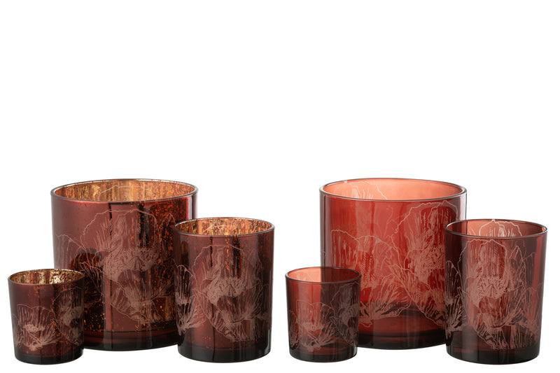 Hurricane Flowers Glass Bordeaux/Antique Bordeaux Large Assortment Of 2