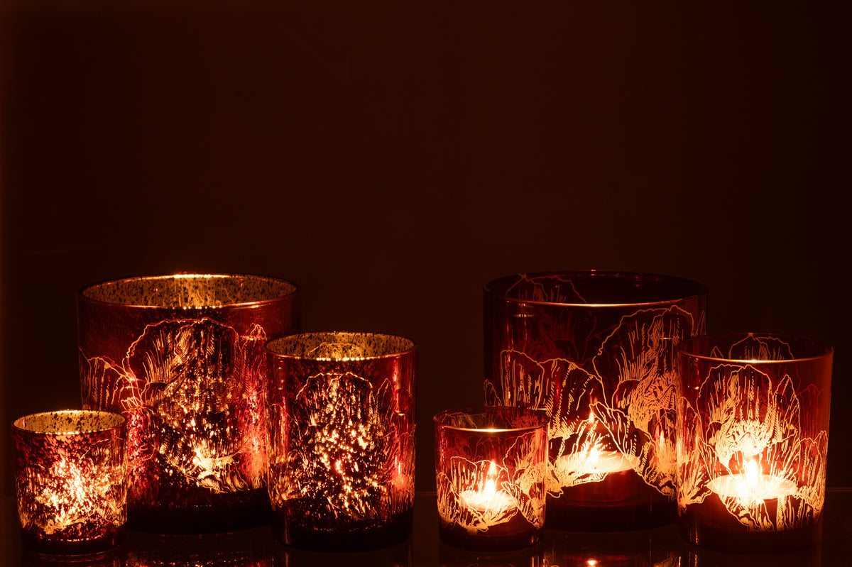 Hurricane Flowers Glass Bordeaux/Antique Bordeaux Large Assortment Of 2