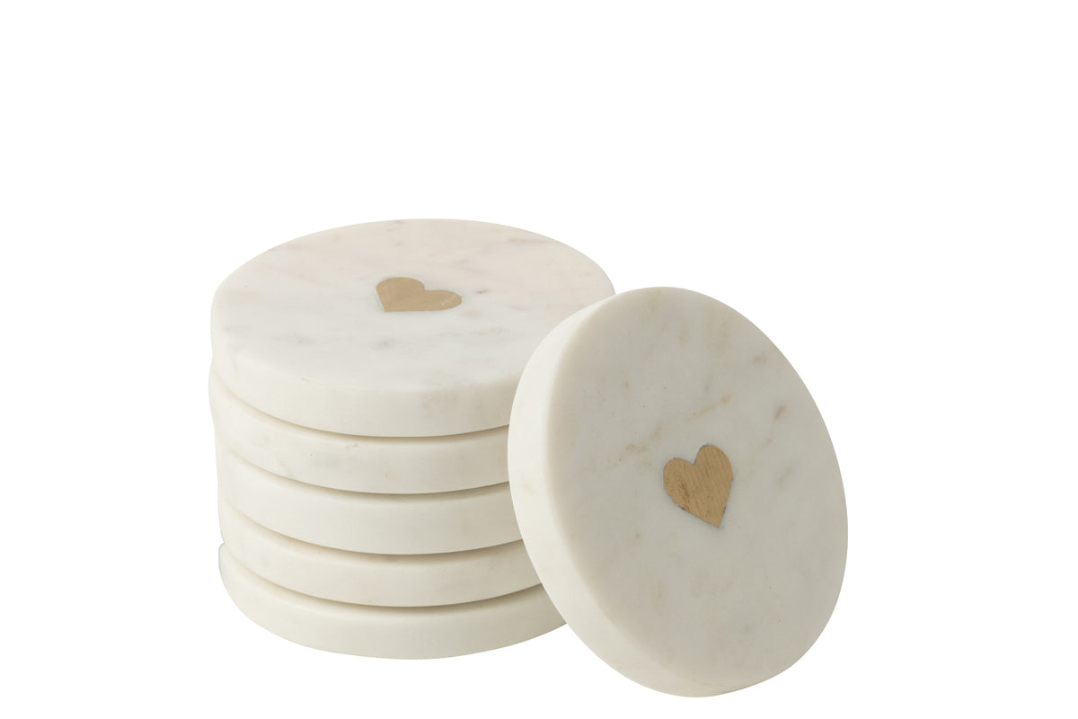 Set Of 6 Coaster Heart Marble White