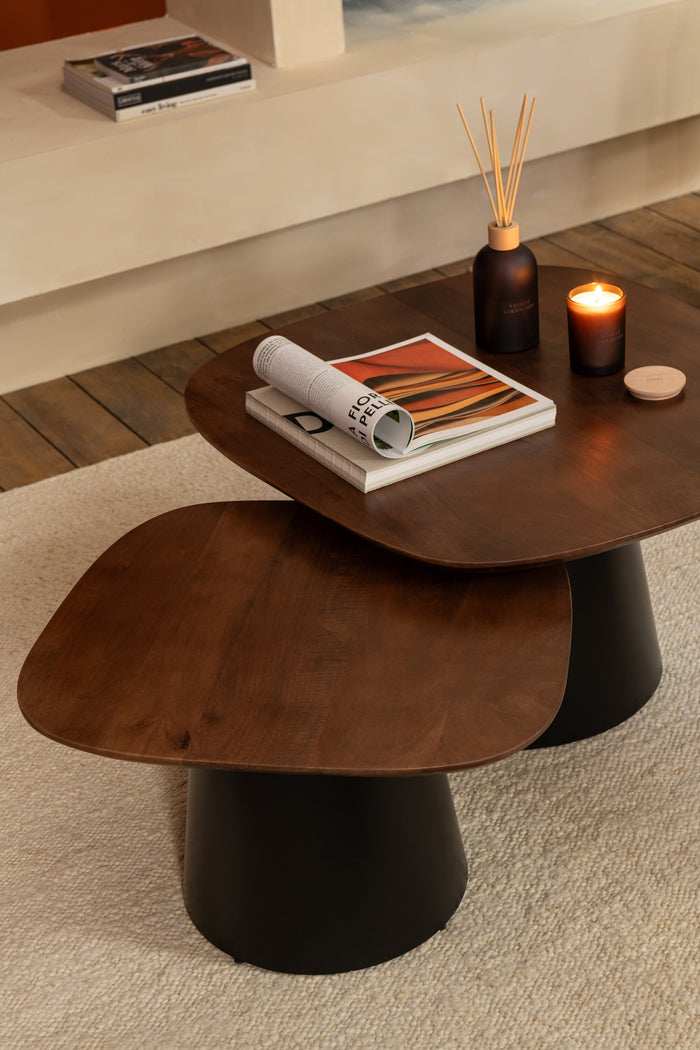 Set Of 2 Side Table Square Mango Wood Dark Brown/Black