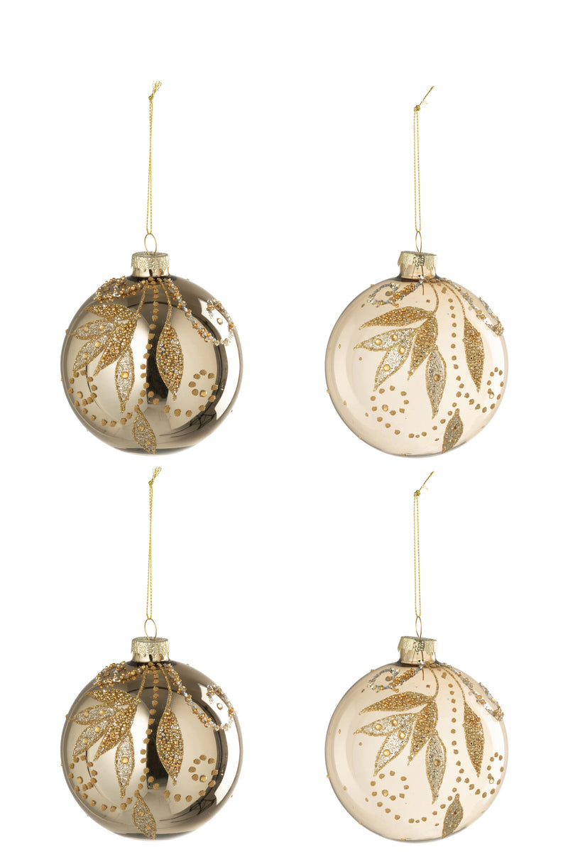 Box Of 4 Christmas Bauble Leaves + Dots Glass Gold Colored