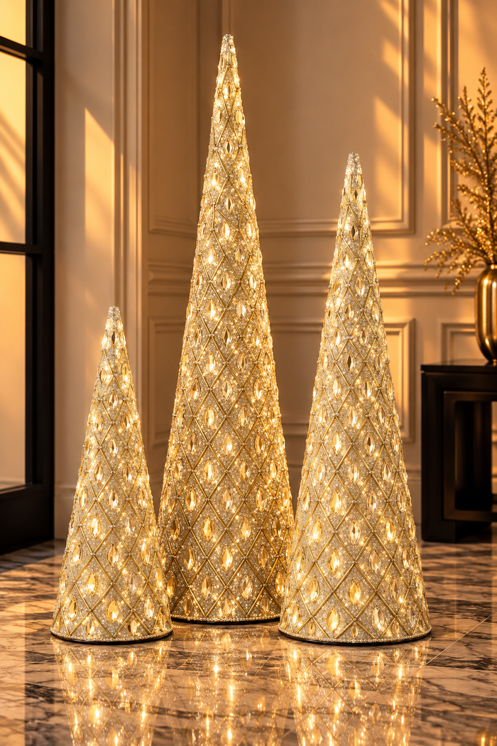 Set Of 3 Cone Iron/Beads White/Gold Colored