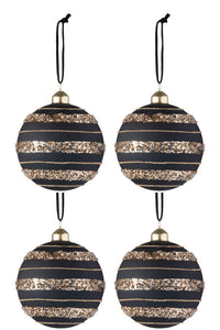 Box Of 4 Christmas Baubles Sequins Glass Matt Black/Gold Medium