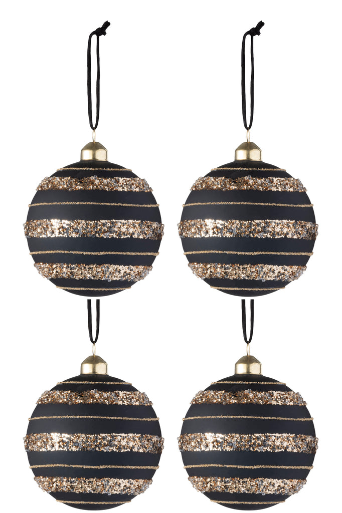 Box Of 4 Christmas Baubles Sequins Glass Matt Black/Gold Medium