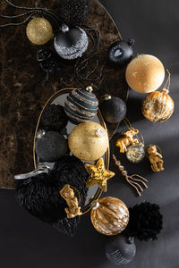 Box Of 4 Christmas Baubles Sequins Glass Matt Black/Gold Medium