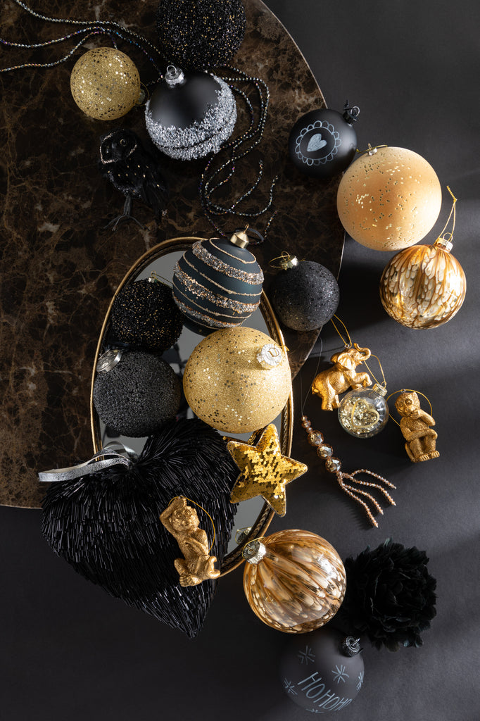 Box Of 4 Christmas Baubles Sequins Glass Matt Black/Gold Medium