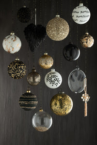 Box Of 4 Christmas Baubles Sequins Glass Matt Black/Gold Medium