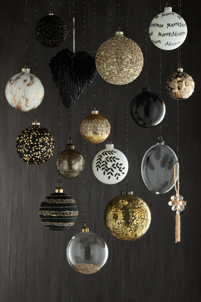 Box Of 4 Christmas Baubles Sequins Glass Matt Black/Gold Medium