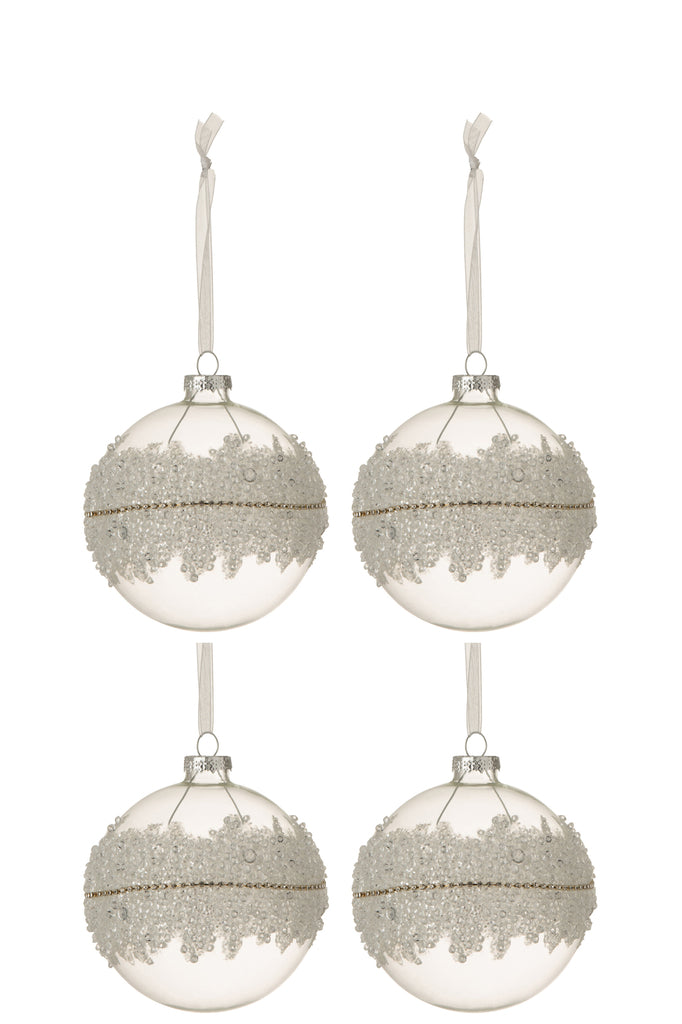 Box Of 4 Christmas Baubles Sugar Middle Diamonds Line Glass Clear Medium