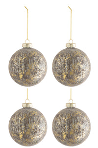 Box Of 4 Christmas Baubles Velvet Glass Antique Grey/Gold Medium