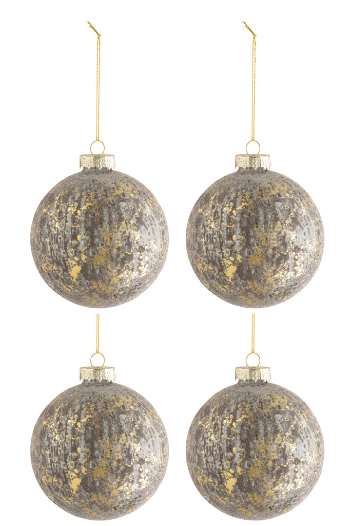 Box Of 4 Christmas Baubles Velvet Glass Antique Grey/Gold Medium