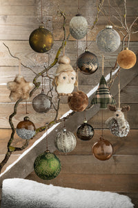 Box Of 4 Christmas Baubles Velvet Glass Antique Grey/Gold Medium