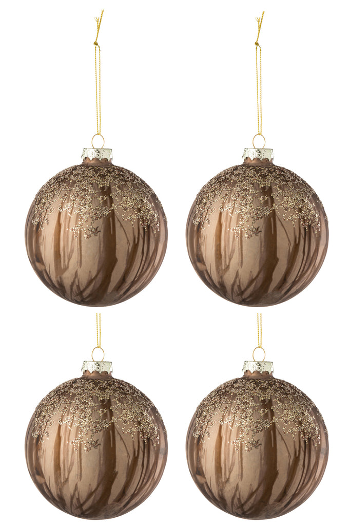 Box Of 4 Christmas Bauble Lines+Sequins Glass Brown Light/Dark