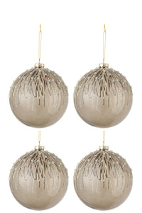 Box Of 4 Christmas Baubles Pearls Glitter Glass Grey Large