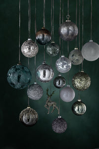 Box Of 4 Christmas Baubles Pearls Glitter Glass Grey Large