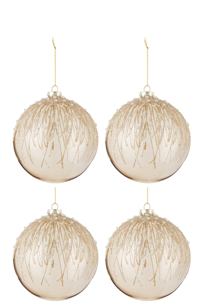 Box Of 4 Christmas Baubles Pearls Glitter Glass Gold Large