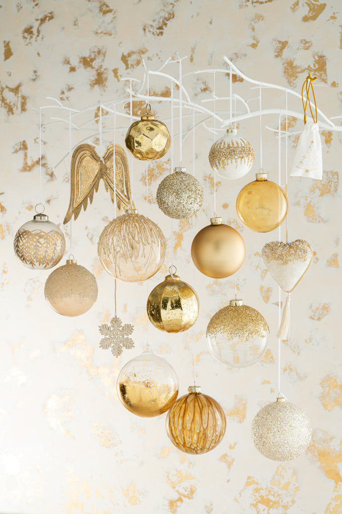 Box Of 4 Christmas Baubles Pearls Glitter Glass Gold Large