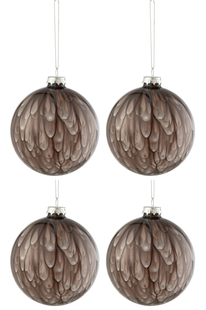 Box Of 4 Christmas Baubles Spotted Glass Shiny Dark Grey Large
