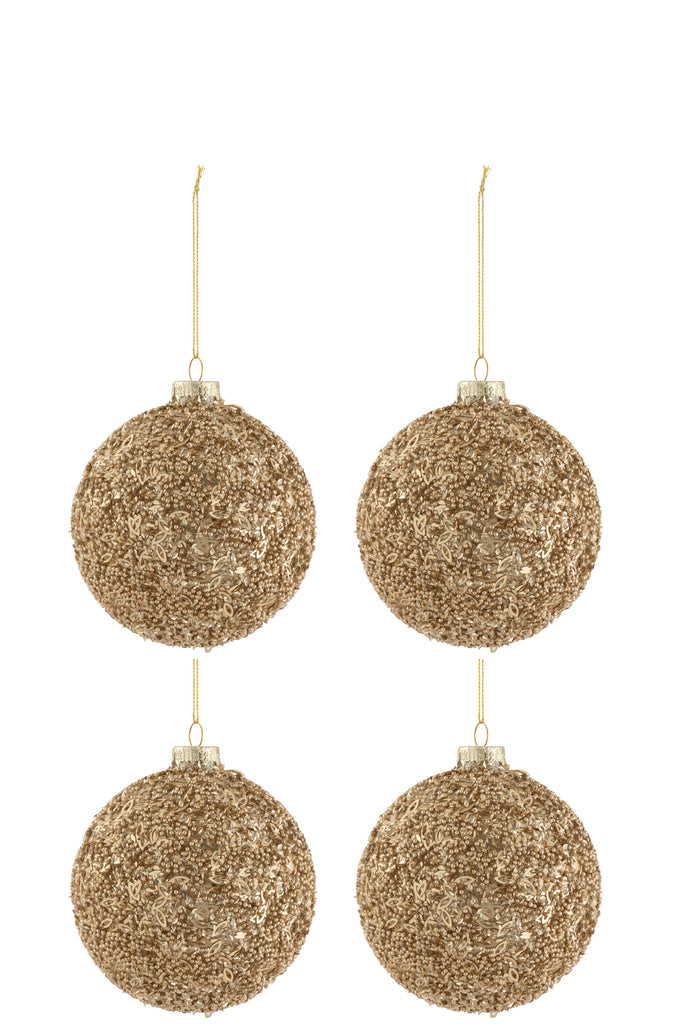 Box Of 4 Christmas Baubles Glitter Glass Gold Medium