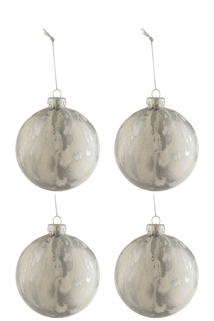 Box Of 4 Christmas Baubles Marble Look Glass White/Silver Medium